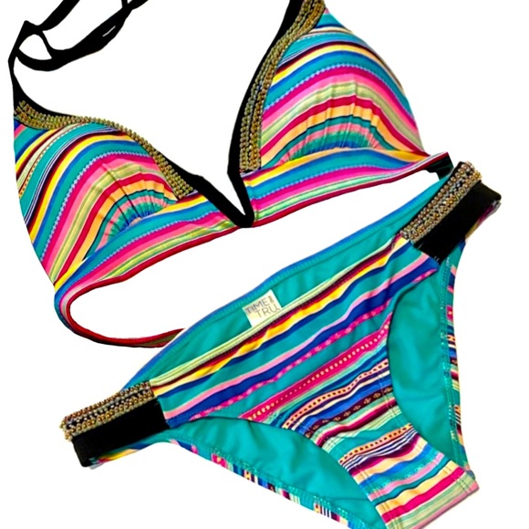 Time and Tru Other - ⭐️HP⭐️ NEW TIME AND TRU BEADED SWIM BIKINI XL 16-18 TOP MED 8-10 BOTTOMS 2pc SET
